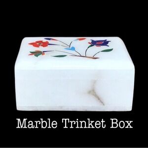 Alabaster Marble Hinged Trinket Box with Inlay Floral Art